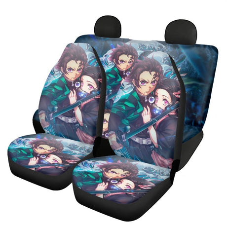 Demon Slayer Car Seat Cover Anime Cartoon Print Front & Rear Automobile Seat Protector Elastic Remove Universal Most Seat Covers, everythinganimee