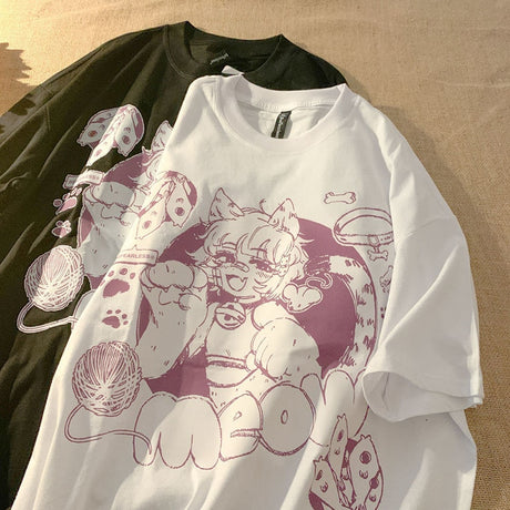 Cartoon Women Tshirt Oversized Korean Second Element Girl Anime Print Short-sleeved T-shirt Summer Clothes Loose Top Vintage Top, anime cat girl saying meow, Oversized Short-sleeved tee, everythinganimee