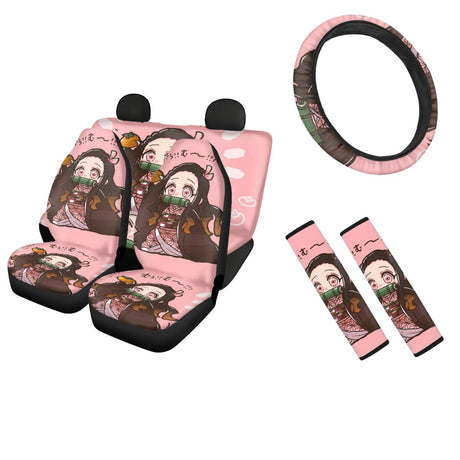 Anime Demon Slayer-Nezuko Universal Fit Car Seat Covers Auto Seat Belt Cover For Adults Easy Install Steering Wheel Cover Cute, everythinganimee