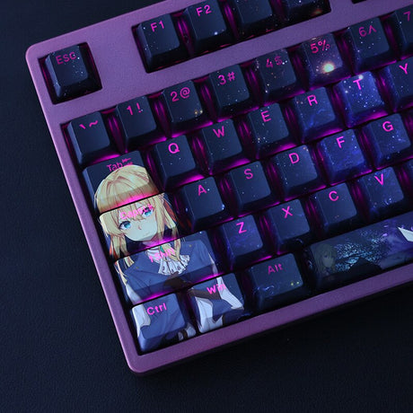 Violet Evergarden Pbt Material Key Cap Thermal Sublimation Process Key Cap Purple Star Key Cap 108 Key Computer Keyboard Accessories, everythinganimee