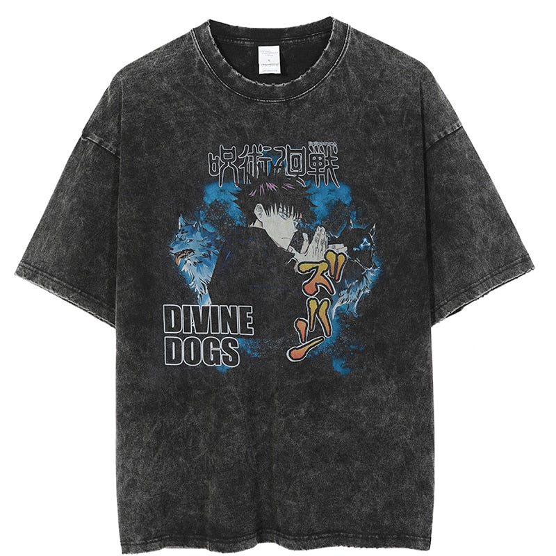 Vintage Washed Tshirts Jujutsu Kaisen Graphic Printing T Shirt Harajuku Oversize Tee Cotton fashion Streetwear unisex top, everything animee