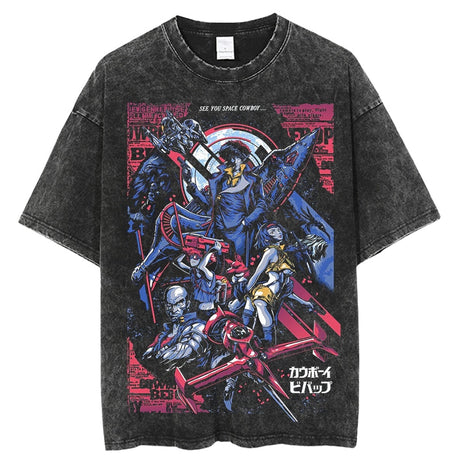 Vintage Washed Tshirts Cowboy Bebop Anime T Shirt Harajuku Oversize Tee Cotton fashion Streetwear unisex top, everything animee