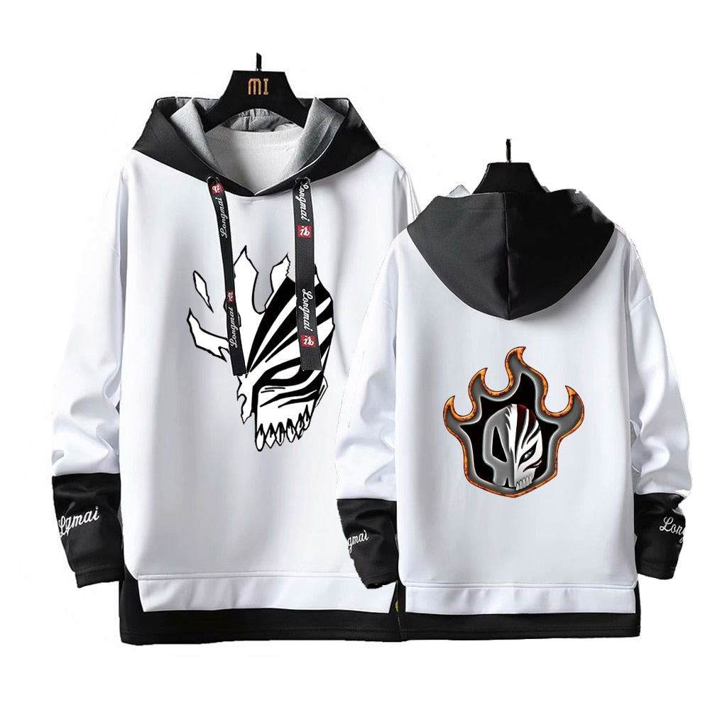 Anime Bleach Hoodies Streetwear Kurosaki Ichigo Ribbons Letter Print Hoodie Fake Two Piece Patchwork Sweatshirt Pullover Clothes