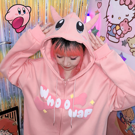 Kawaii Anime Kirby Letter Priting Hoodies Women Loose Streetwear Zip up Hoodie Anime Cute Y2k Clothes Harajuku Tops Pink, everythinganimee