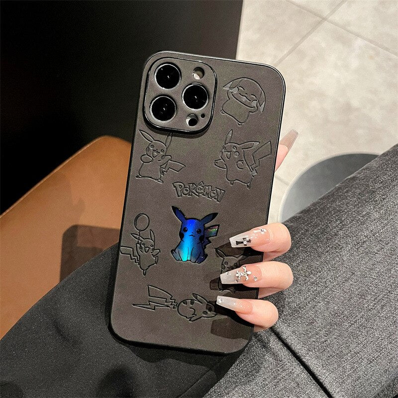Anime Pokemon Pikachu leather Embossing laser Cartoon Phone Case For iPhone 14 13 12 11 Pro Max Xr X 7 8 14 Plus Case Cute Cover, everythinganimee