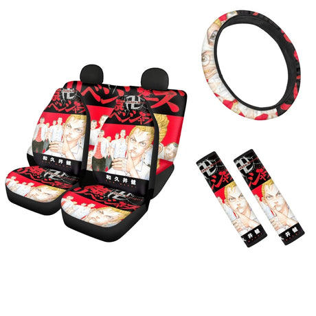Japan Anime Car Seat Covers Tokyo Revengers Theme Pattern Comfortable Auto Seat Belt Pads Cover Easy Clean Steering Wheel Cover, everythinganimee