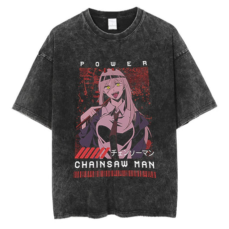 Retro Washed T-Shirt Anime Chainsaw Man T Shirt Cotton Summer Short Sleeve Tshirt Men Woman Harajuku Casual Hip Hop Streetwear, everythinganimee