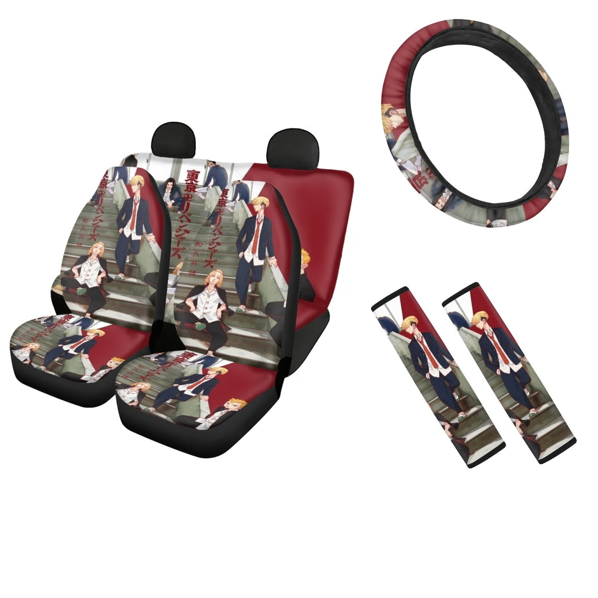 Japan Anime Car Seat Covers Tokyo Revengers Theme Pattern Comfortable Auto Seat Belt Pads Cover Easy Clean Steering Wheel Cover, everythinganimee