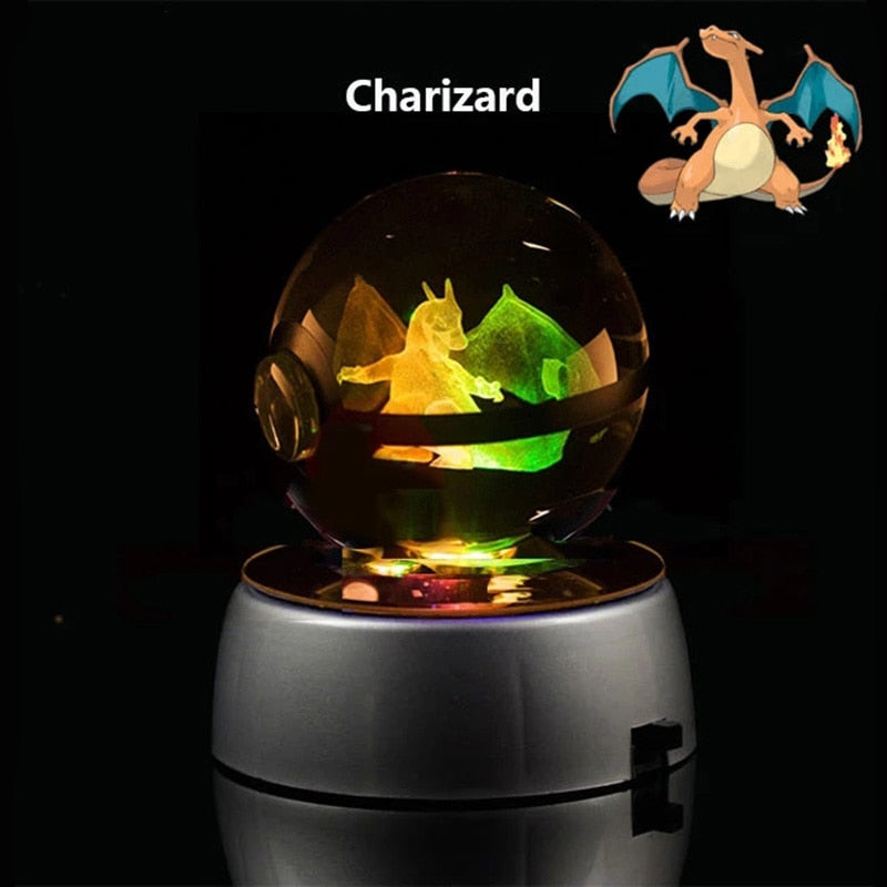 Anime Pokemon 3D Crystal Ball Snorlax Figure Pokeball Engraving Crystal Charizard Model with LED Light Base Kids Gift ANIME GIFT, everythinganimee