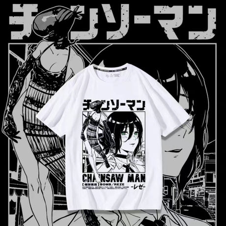 Reze Anime T-shirt Chainsaw Man Manga Graphic Oversized Men Cotton Short Sleeve Tee Women Top Summer Streetwear Couple Clothing, everythinganimee