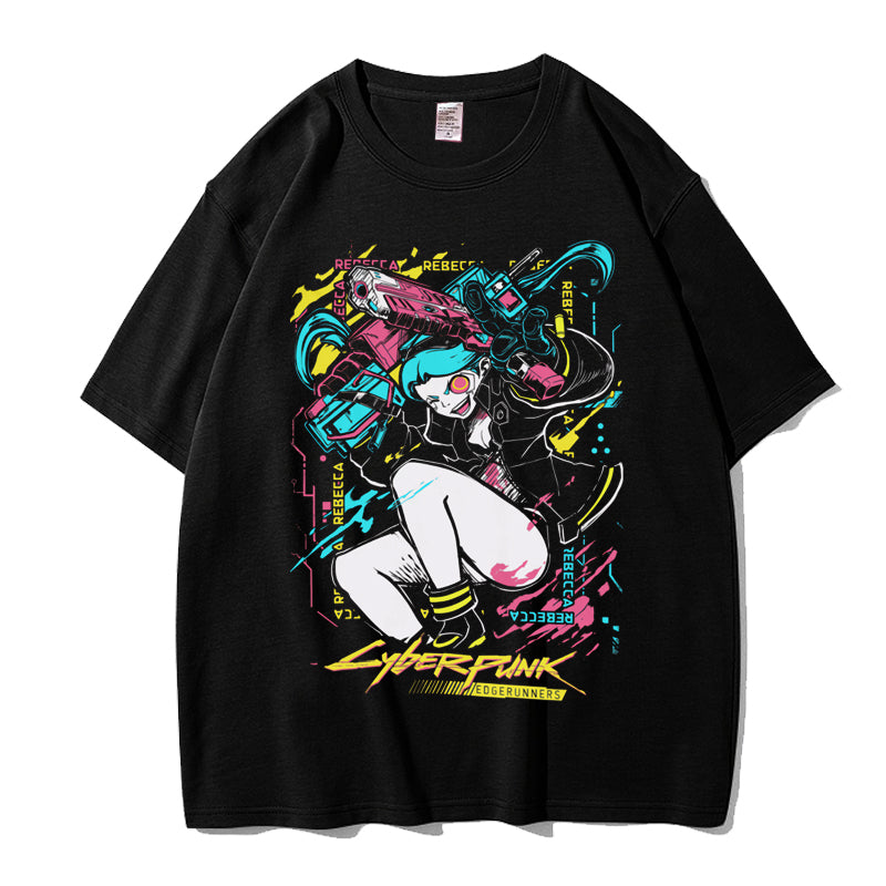 Here at Everythinganimee we have the best anime shirts in the world. Embrace the chaos of the Cyberpunk universe with this striking Rebecca T-shirt from Edgerunners. Featuring bold, vibrant artwork of the fearless and fierce Rebecca, this shirt embodies her edgy and unapologetic style. 