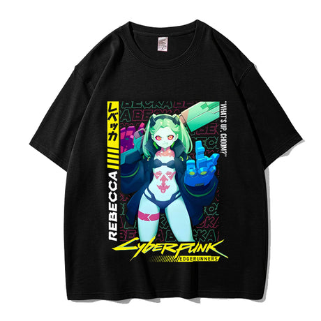 Here at Everythinganimee we have the best anime shirts in the world. Embrace the chaos of the Cyberpunk universe with this striking Rebecca T-shirt from Edgerunners. Featuring bold, vibrant artwork of the fearless and fierce Rebecca, this shirt embodies her edgy and unapologetic style. 