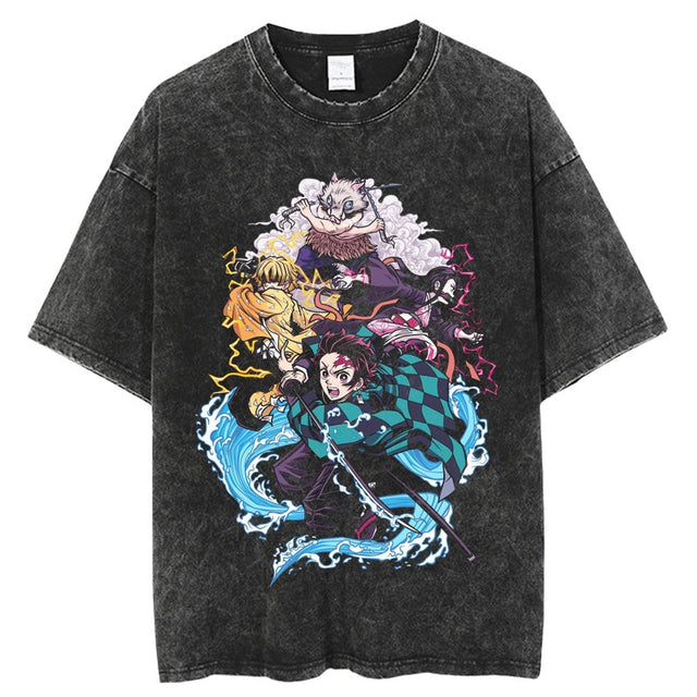 Demon Slayer T Shirt 100%Cotton Anime Kimetsu No Yaiba Washed Tshirt Men Women Vintage Black Tops Summer Manga Casual Tees, everythinganimee