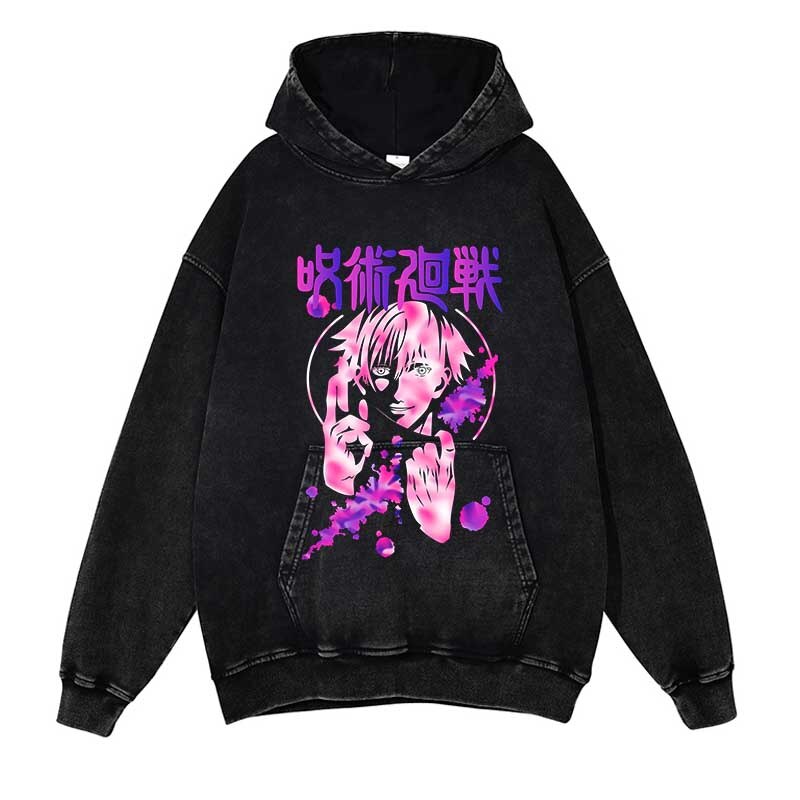 Jujutsu Kaisen Washed Black Streetwear Cotton Vintage Hoodie