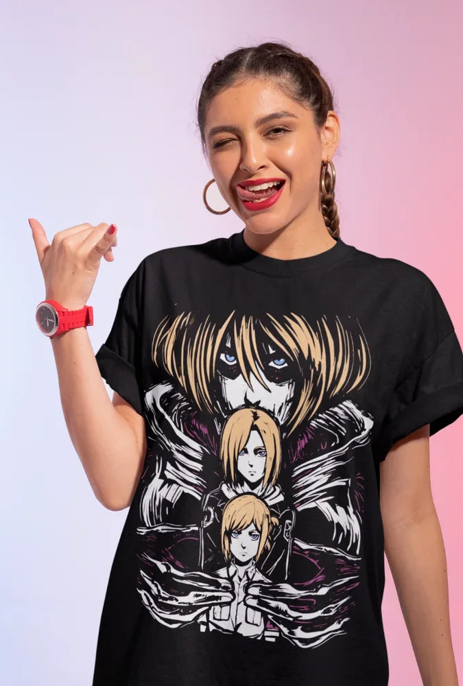 This tee captures the magic of Annie. If you're looking for more Attack On Titan merch, we have it all! Check out our anime merch now—free shipping!