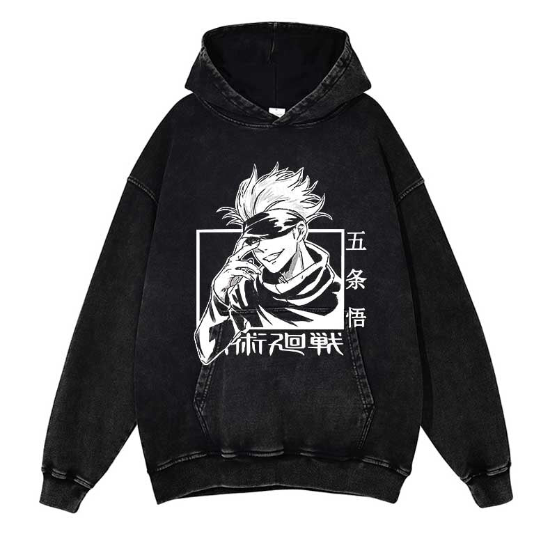 Jujutsu Kaisen Washed Black Streetwear Cotton Vintage Hoodie