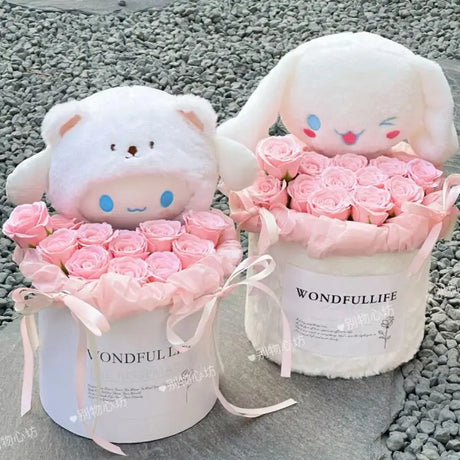 Cherish the kawaii Hello Kitty Cinnamoroll Plush Rose Bouquet, perfect for gifting. Soft, premium quality for special occasions and Hello Kitty fans