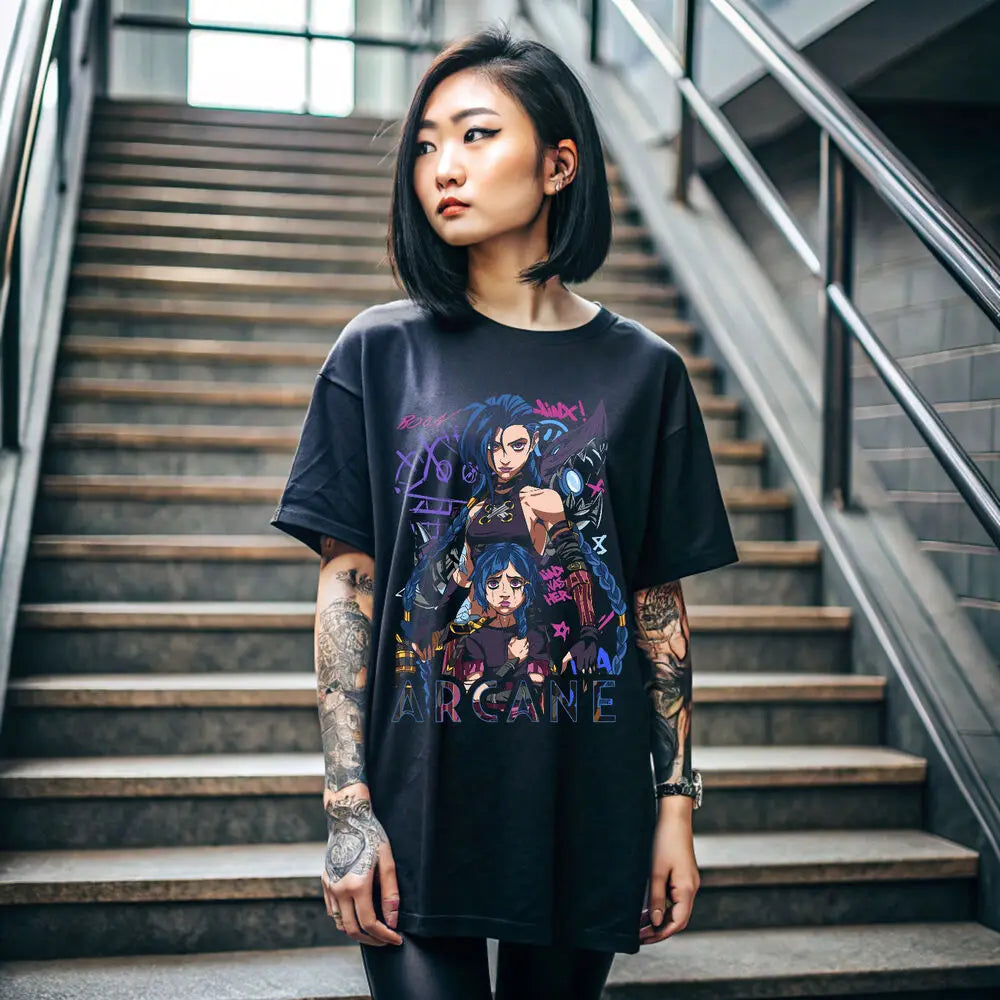 Immerse yourself in this kawaii Jinx tee, perfect for anime fans. Looking for more Arcane merch? Explore our full collection of anime merch now!