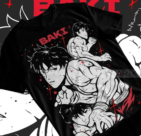 Here at Everythinganimee we have the best anime shirts in the world. 
Step into the fierce world of Baki the Grappler with this dynamic unisex t-shirt, featuring the iconic Hanma family in full fighting form.