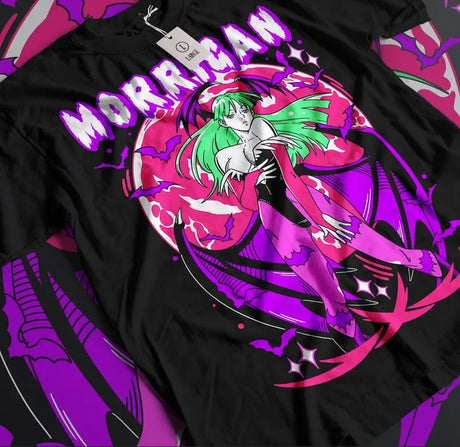 Here at Everythinganimee we have only the best anime merch! Free Global Shipping.
Unleash the power of the iconic Darkstalkers character, Morrigan Aensland, with this striking t-shirt. Whether you're a long-time fan of the series or just love the aesthetic of this seductive succubus, this shirt is a must-have for any collection. 