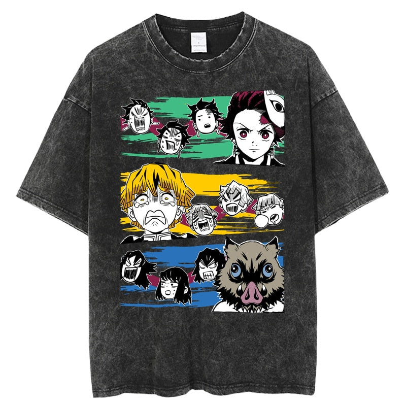 Demon Slayer T Shirt 100%Cotton Anime Kimetsu No Yaiba Washed Tshirt Men Women Vintage Black Tops Summer Manga Casual Tees, everythinganimee