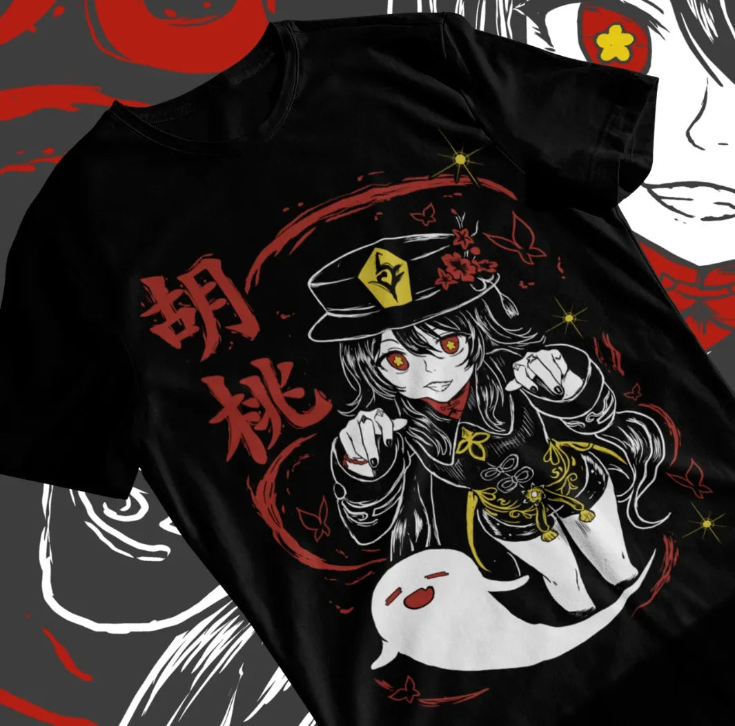 Here at Everythinganimee we have only the best anime merch! Free Global Shipping.
Step into the world of Genshin Impact with this eye-catching Hu Tao T-shirt, featuring the enigmatic 77th Director of the Wangsheng Funeral Parlor. 