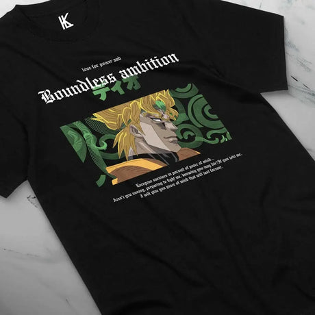 Here at Everythinganimee we have the best anime shirts in the world.
Embrace the iconic ambition and power of Dio Brando from JoJo’s Bizarre Adventure with this captivating tee. Featuring Dio's confident gaze and the infamous quote, this shirt is perfect for fans who admire his unrelenting drive.