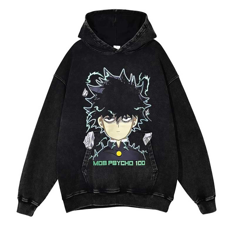 Mob Psycho 100 Washed Black Streetwear Cotton Vintage Hoodie