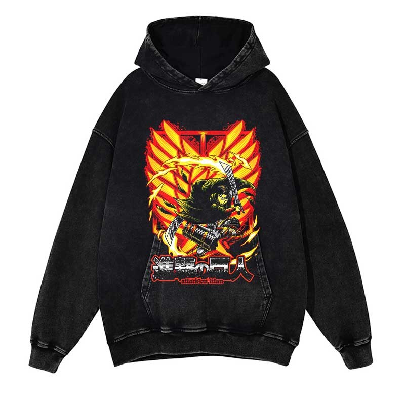 Attack on Titan Washed Black Streetwear Cotton Vintage Hoodie