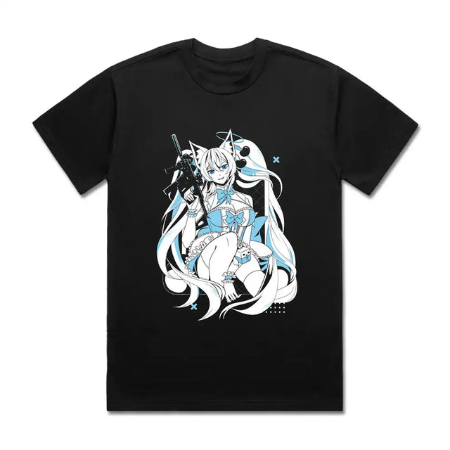 Here at Everythinganimee we only have the best shirts in the world! Dive into the daring world of Kirsche, the fierce VTuber, with this striking design that perfectly captures her bold and playful persona. The intricate details highlight Kirsche’s edgy side, featuring her iconic weapon and sleek aesthetic, wrapped in a cool, monochrome palette with vibrant accents. 