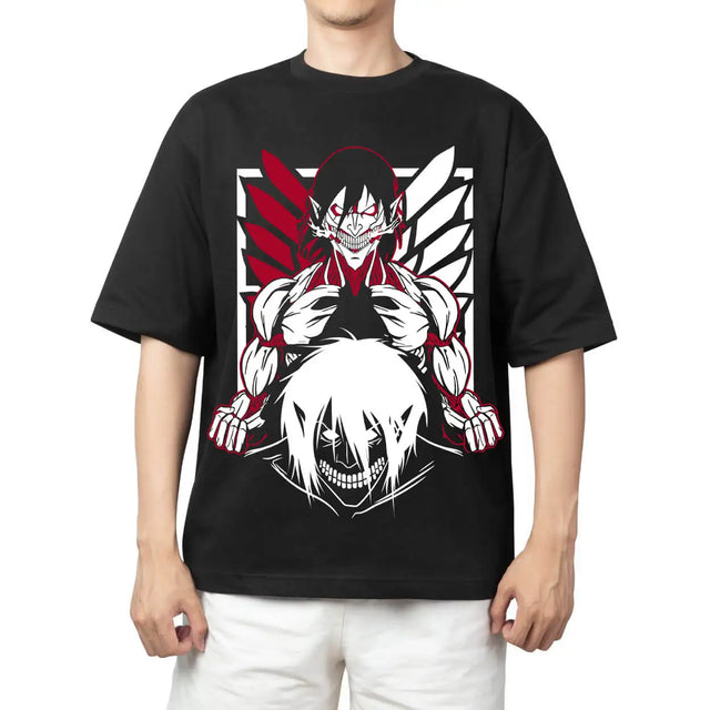 Here at Everythinganimee we have the best anime shirts in the world.
Show your allegiance to the Survey Corps with this fierce Attack on Titan tee, featuring Eren in his powerful Titan form. The bold red, black, and white design captures the intensity and strength of Eren’s transformation.