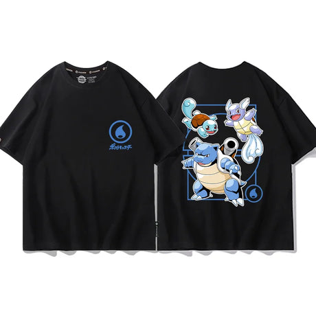 Here at Everythinganimee we have the best anime shirts in the world. Dive into the world of water-type Pokémon with this sleek black tee featuring Squirtle, Wartortle, and Blastoise.