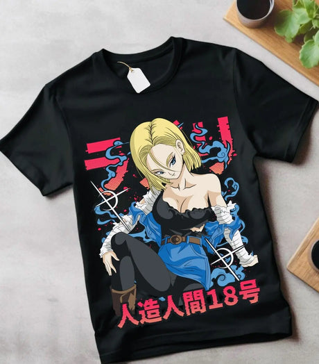 Here at Everythinganimee we have the best anime shirts in the world. 
Embrace the unstoppable strength of Android 18 with this vibrant Dragon Ball Z-inspired shirt.