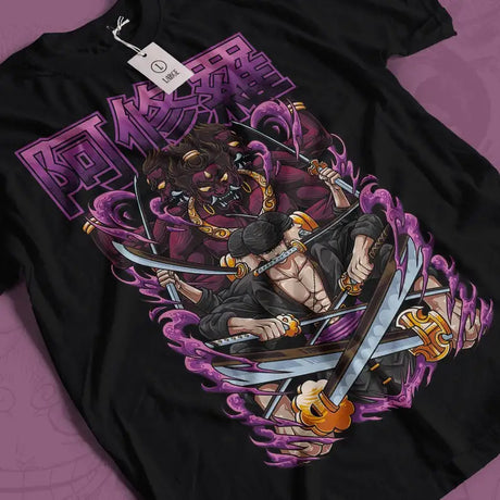 Here at Everythinganimee we only have the best shirts in the world! Embrace the spirit of Roronoa Zoro with the Ashura Fury Tee, featuring his fierce battle stance and legendary swords. Striking Design: Showcases Zoro in his powerful Ashura form, surrounded by vibrant purple and dark hues. Soft & Durable