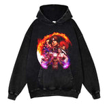 Anime Washed Black Streetwear Cotton Vintage Hoodies