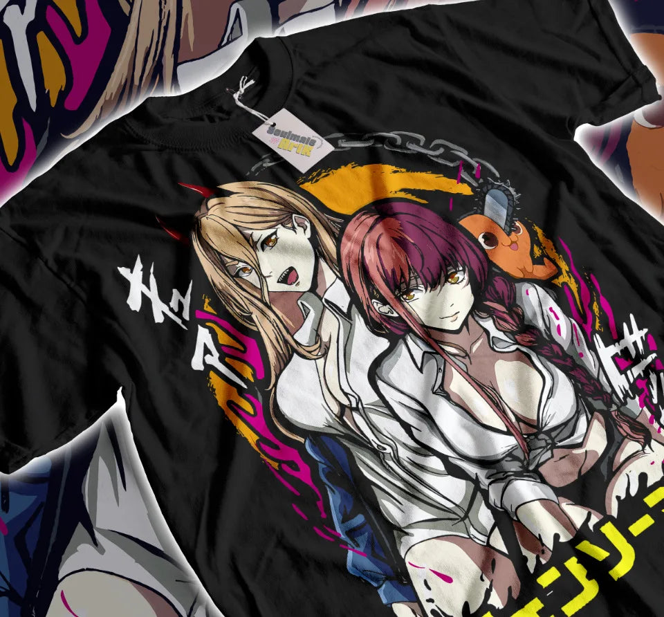 Unleash the chaos and power of Chainsaw Man with this dynamic tee featuring two of the series' most iconic characters, Makima and Power. Bold and edgy, this shirt captures the intense energy of the anime, making it the perfect choice for fans who want to stand out. 