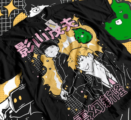 Here at Everythinganimee we have only the best anime merch! Free Global Shipping.
Channel the psychic energy of Mob and Reigen with this vibrant Mob Psycho 100 t-shirt. 