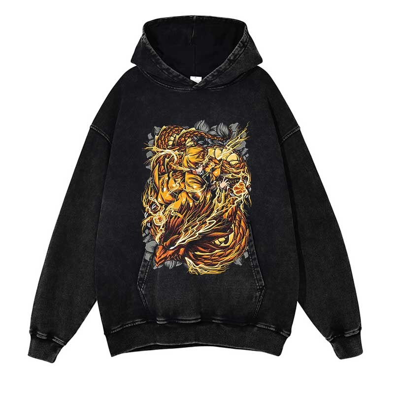 Demon Slayer Washed Black Streetwear Cotton Vintage Hoodie