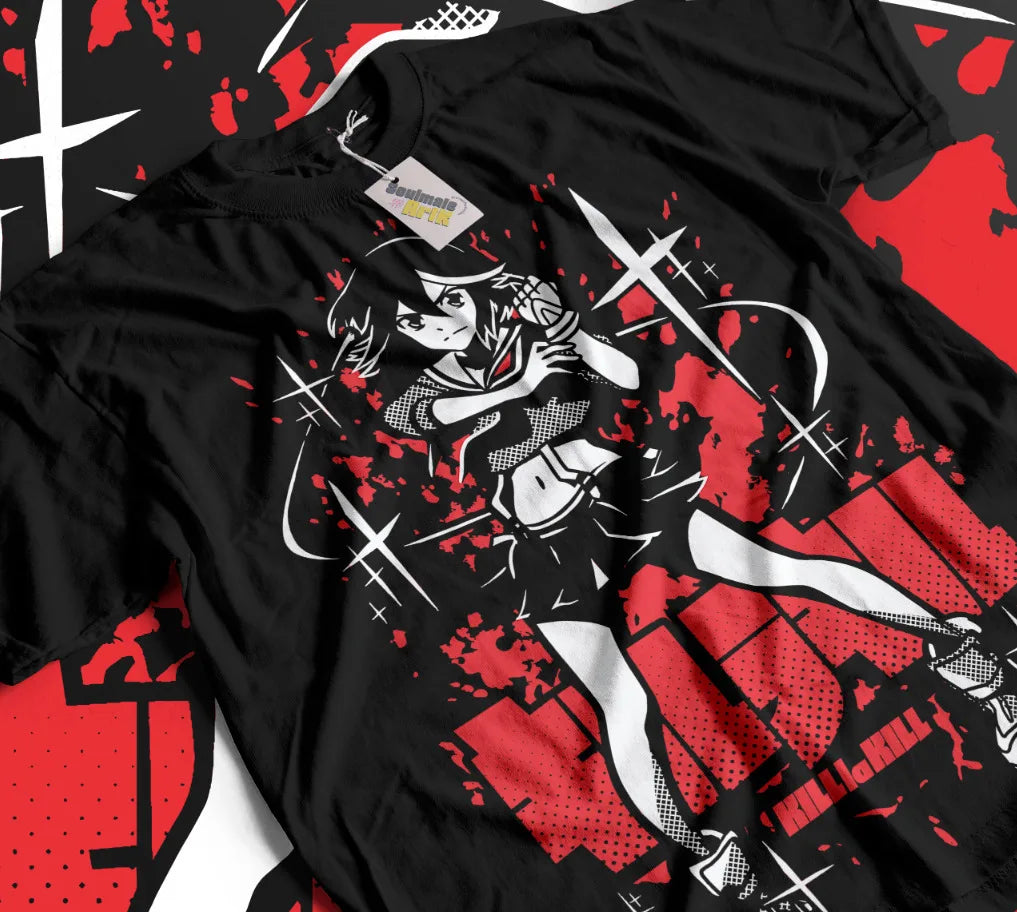 Here at Everythinganimee we only have the best shirts in the world! Unleash the fierce determination of Ryuko Matoi with this striking Kill la Kill shirt. Designed with high-quality materials, this shirt features a bold print of Ryuko in her iconic battle stance, surrounded by vibrant red splashes that capture her relentless spirit. 