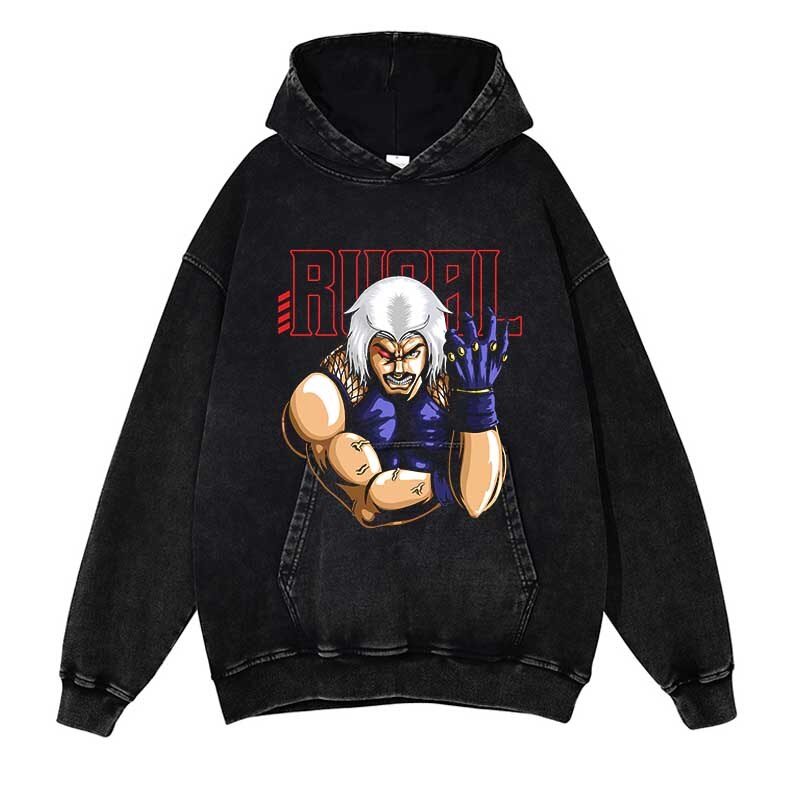 Anime Washed Black Streetwear Cotton Vintage Hoodies