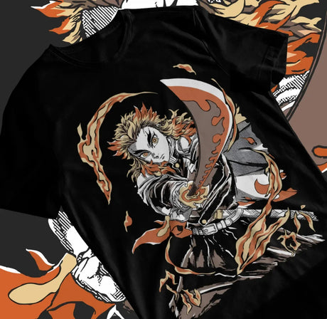 Here at Everythinganimee we have only the best anime merch! Free Global Shipping. Unleash the fiery spirit of Kyojuro Rengoku with this striking Demon Slayer T-Shirt. Crafted from soft, premium cotton.