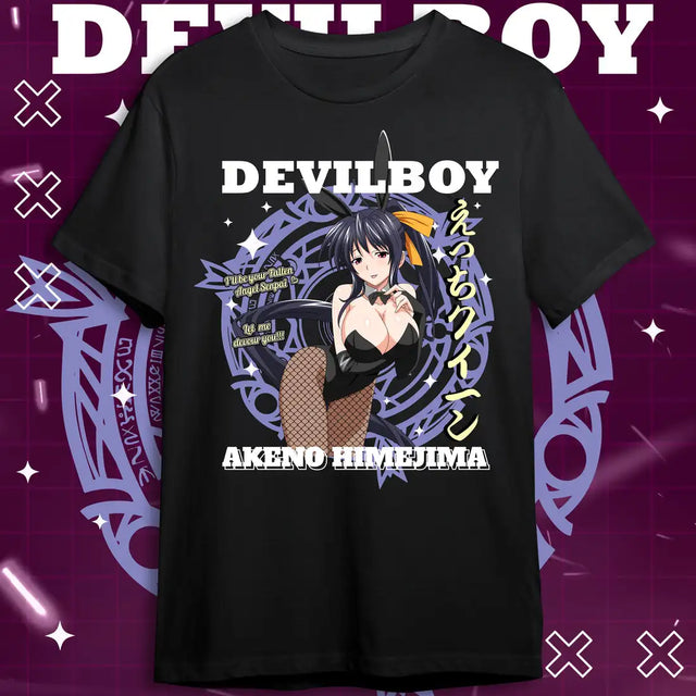 Here at Everythinganimee we have the best anime shirts in the world.
Unleash your inner demon with the bold and captivating Akeno Himejima from the Devil Boy series. This stunning tee features Akeno in a dynamic pose, surrounded by intricate symbols, giving you a perfect blend of power and allure.