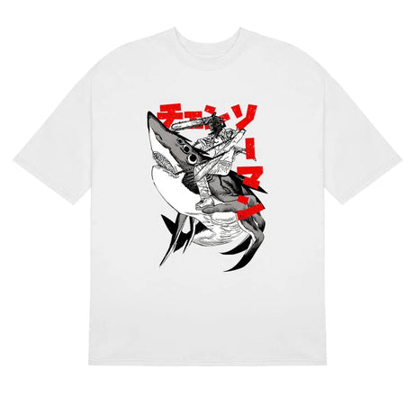 Here at Everythinganimee we have the best anime shirts in the world.
Embrace the fierce energy of Chainsaw Man with this epic Shark Ride Tee! Featuring a jaw-dropping graphic of Chainsaw Man riding a shark, this shirt is a must-have for fans of the anime. 