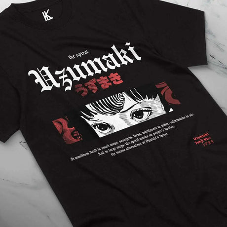 Here at Everythinganimee we have the best anime shirts in the world.
Dive into the eerie world of Uzumaki with this striking tee. Featuring the haunting spiral obsession and chilling artwork from Junji Ito’s horror classic.