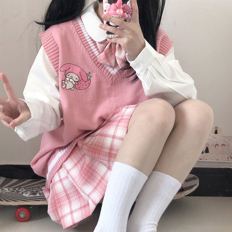 Kawaii Kuromi My Melody Cinnamoroll Sanrioes Wool Sweater V-Neck Waistcoat Vest College Lolita Girl Clothing Anime Peripherals, everythinganimee