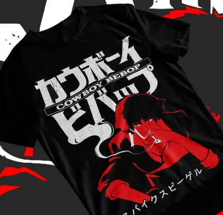 Here at Everythinganimee we have the best anime shirts in the world. 
Relive the legendary space adventures with this Cowboy Bebop t-shirt featuring the iconic Spike Spiegel.