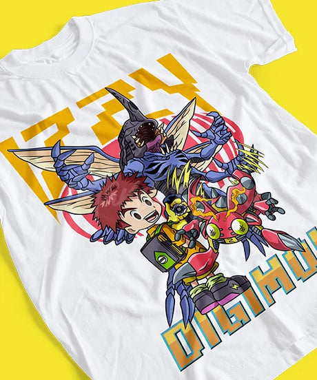 Here at Everythinganimee we have the best anime shirts in the world.
Dive into the digital world with this energetic Izzy and Digimon duo design! Featuring bold, colorful artwork, this tee showcases Izzy and his Digimon partners ready for battle. 