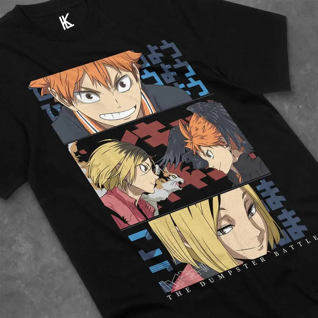 Here at Everythinganimee we have the best anime shirts in the world.
Get ready to relive the intense rivalry with this Haikyuu! tee, showcasing the iconic Dumpster Battle scene. The design captures the fierce determination and sportsmanship of your favorite volleyball players. 