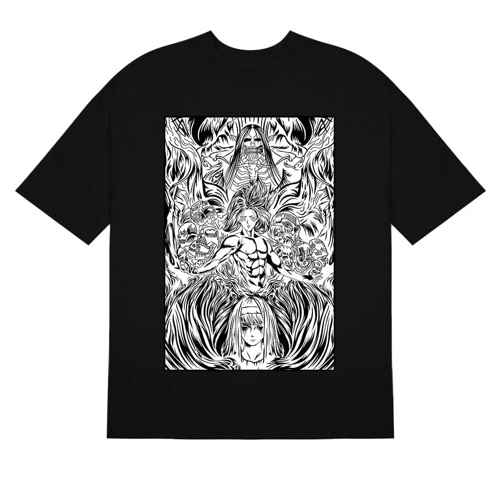 Here at Everythinganimee we have the best anime shirts in the world.
Embrace the power and intensity of Eren Yeager with the Titan Awakening Tee, inspired by Attack on Titan. This striking black-and-white design features Eren in his most powerful form, surrounded by an intricate and intense depiction of the Titans.