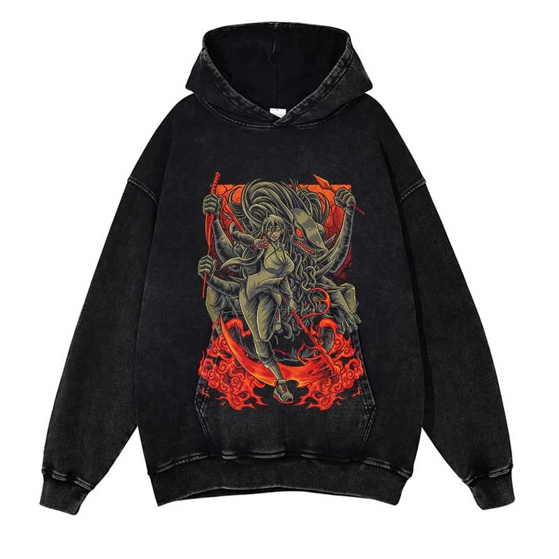 Chainsaw Man Washed Black Streetwear Cotton Vintage Hoodie